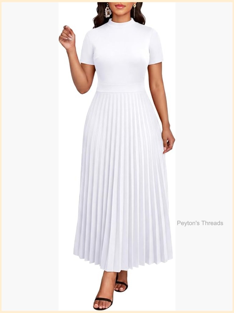 Casual Pleated Empire Waist Maxi Dress Mock Neck Short Sleeve With Pocket
